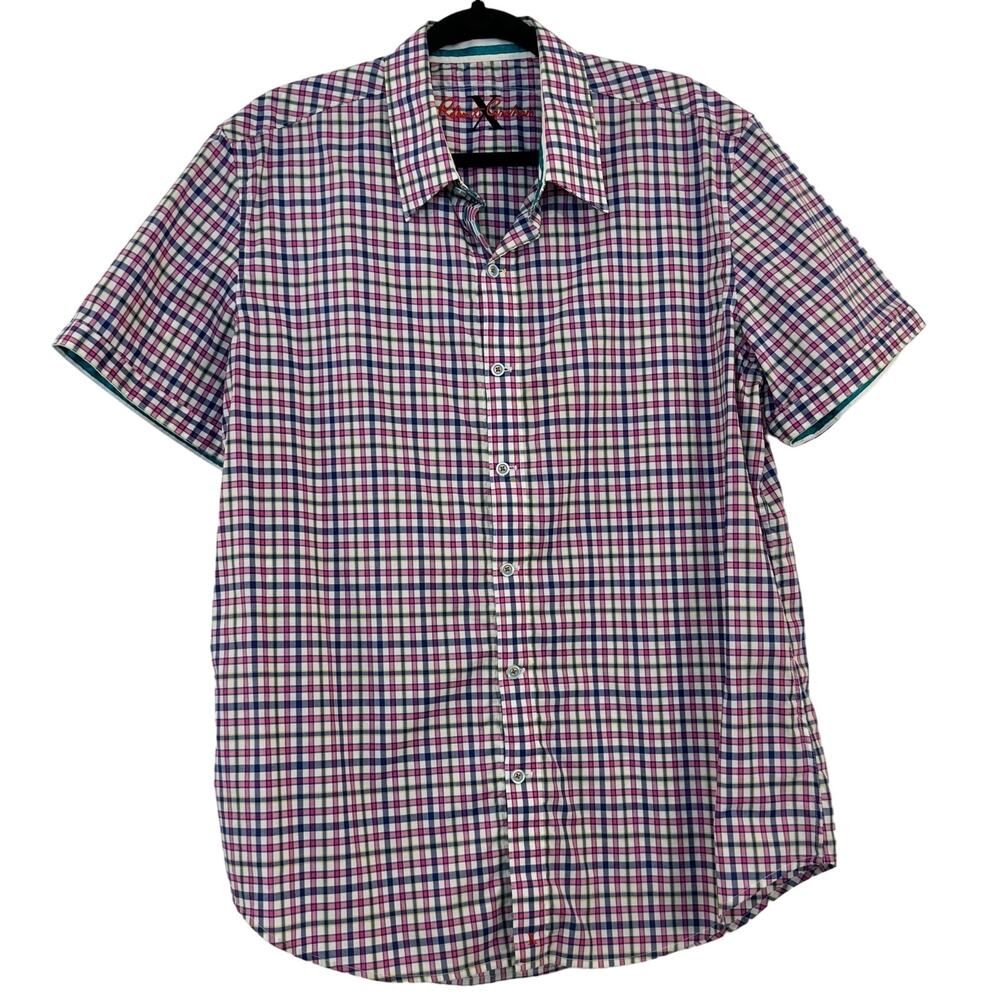 Robert Graham Gingham Short Sleeve Shirt Button-Down Cotton | Men's Size XL